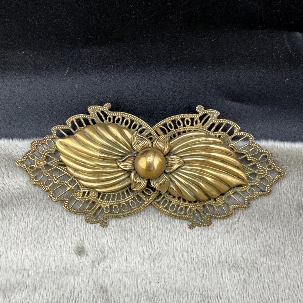 Vintage Estate Brooch Gold Tone Art Deco Flower Bow Filigree Pin 3.5in